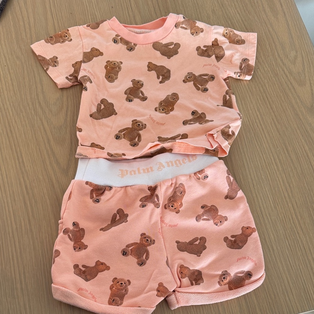 Palm Angels Kids Bear Print Pajama Set - Peach and Brown